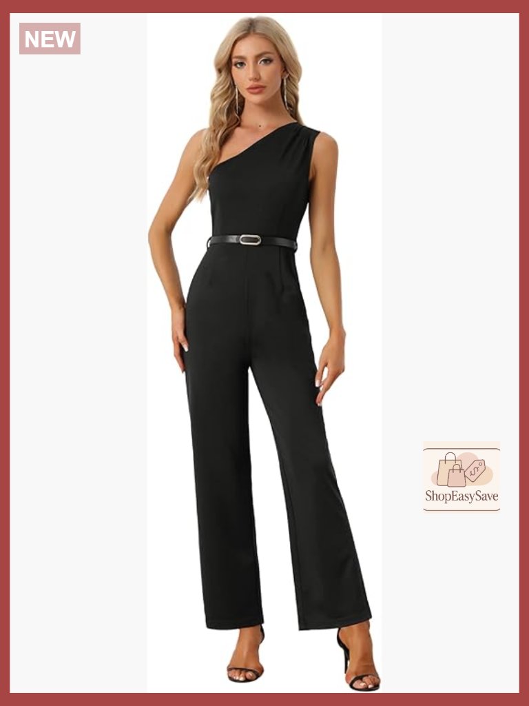 Elegant One Shoulder Jumpsuit Belted Wide Leg Office Chic Contemporary